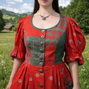 Vintage Sportalm Red and Green Patchwork Maxi Dirndl Dress